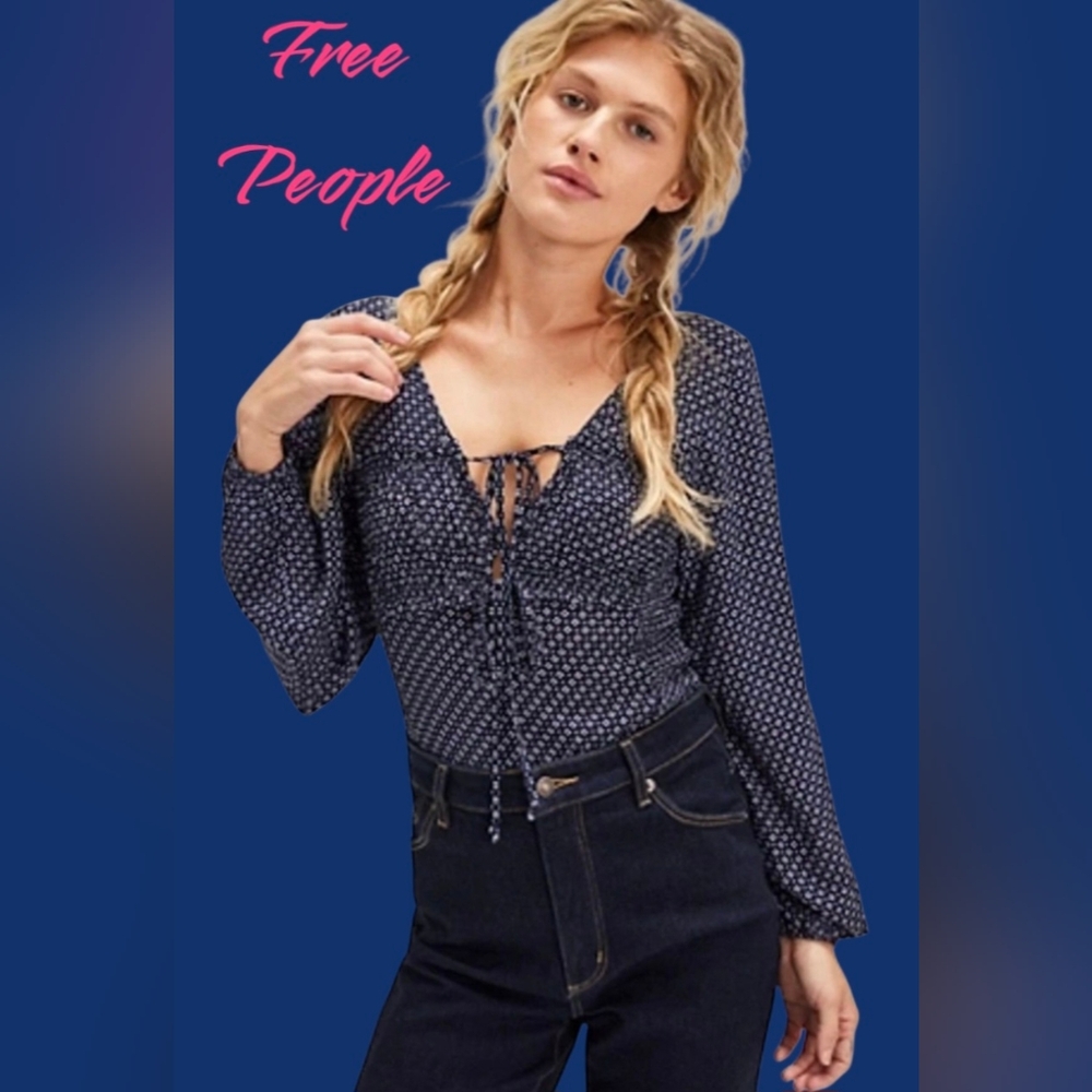Free People Intimately Sunny Meadows Body Suit Blouse Size Small Navy NWT